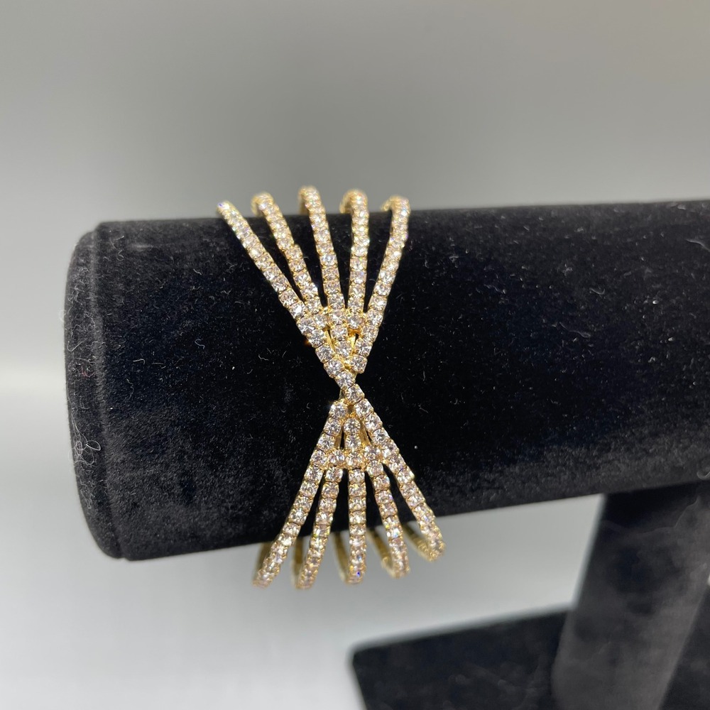 Gold Tone Multi Strand Rhinestone Crossover Cuff Bracelet Sparkly Statement